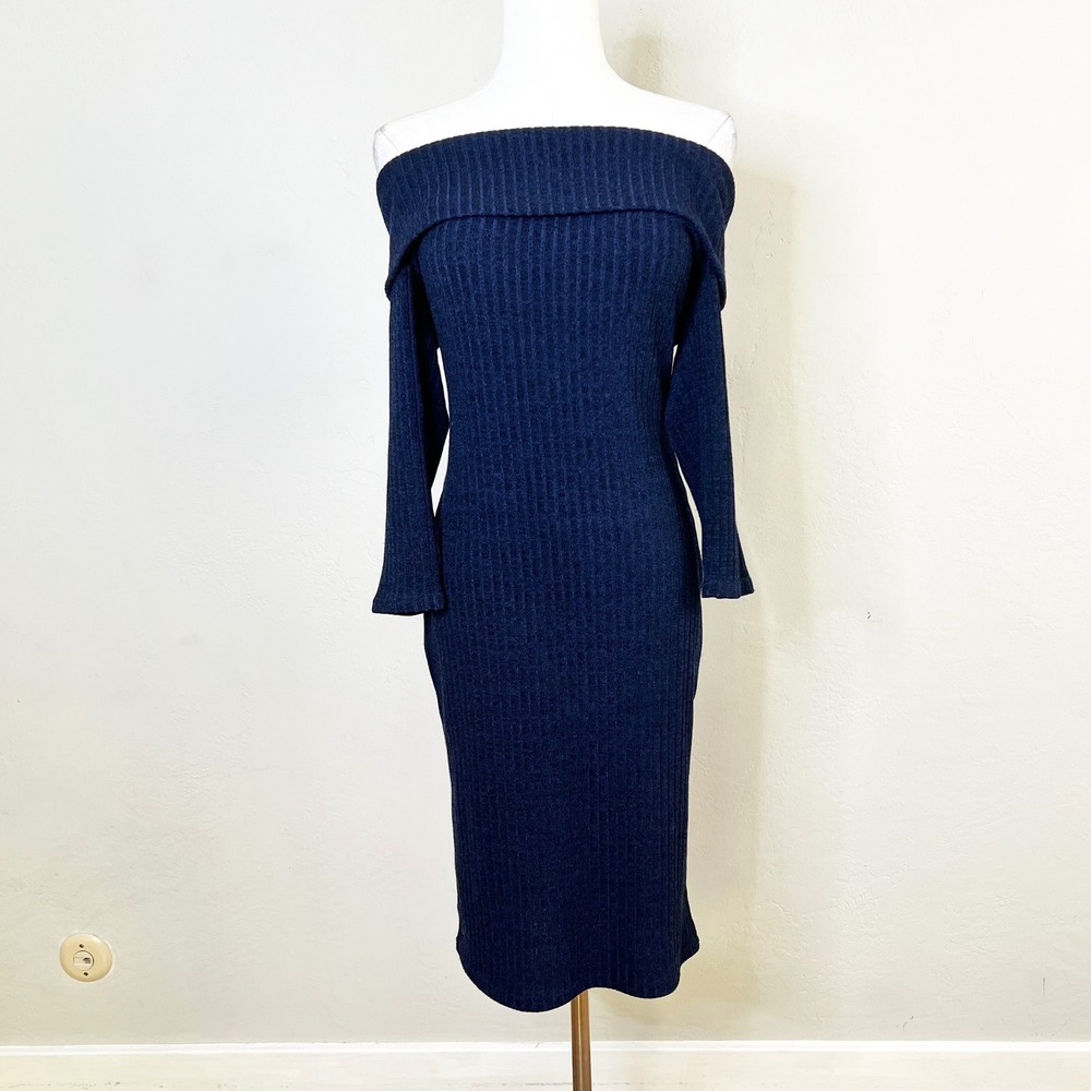 Lulus Sweater Dress Off The Shoulder Ribbed Knit Size Large Navy Blue Midi‎